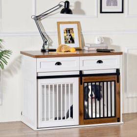 Heavy-Duty Dual-Door Dog Crate House with Storage Drawer - White & Walnut