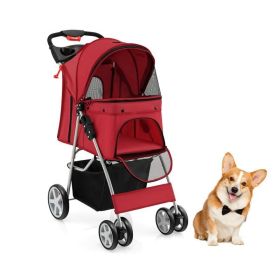 Folding Pet Stroller with Adjustable Canopy for Outdoor (Color: Red, Type: pets supplies)